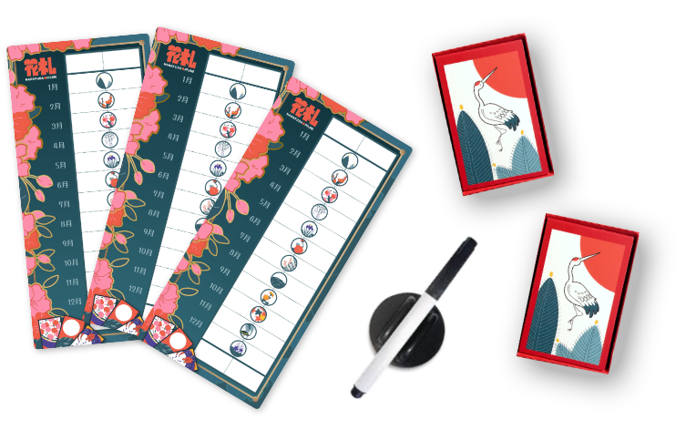 Hanafuda Készletünk tartalma - kártya, pontozólapok
